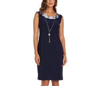 R&M Richards Sleeveless Shift Dress Size 16 Floral Trim Necklace Business Casual